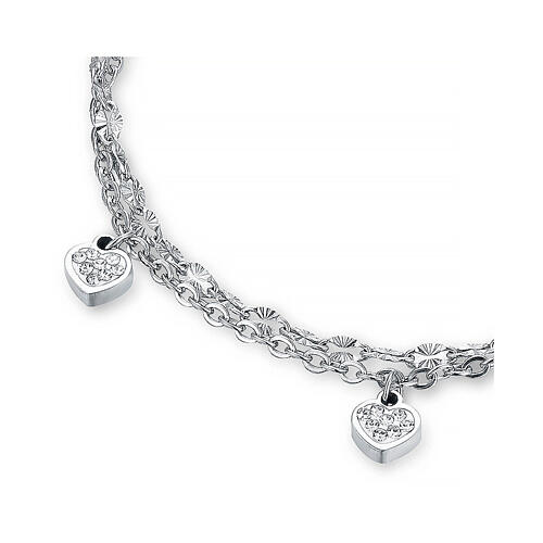 Double chain bracelet with heart-shaped charms, stainless steel and white rhinestones 2