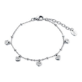 Bracelet with white rhinestone heart-shaped charms, stainless steel