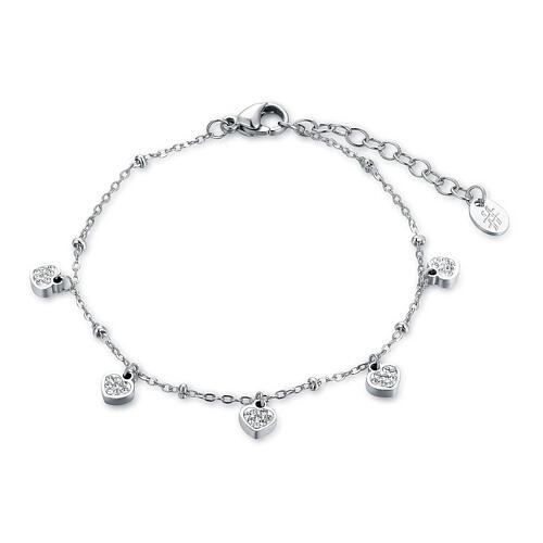 Bracelet with white rhinestone heart-shaped charms, stainless steel 1