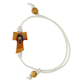 Pulsera cuerda blanca ajustable Carlo Acutis cruz tau granos madera olivo