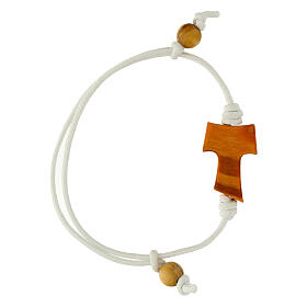 Pulsera cuerda blanca ajustable Carlo Acutis cruz tau granos madera olivo