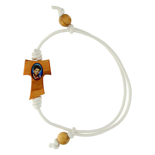Bracciale corda bianca regolabile Carlo Acutis croce tau grani legno ulivo 1