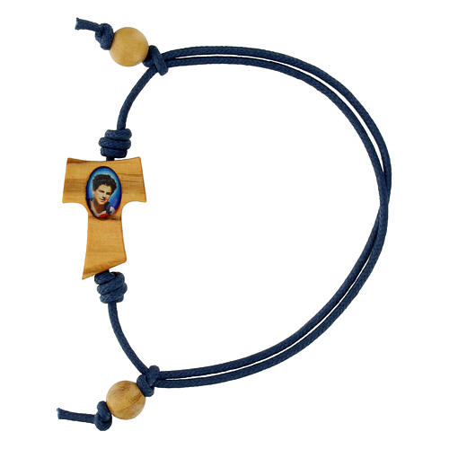 Bracciale corda blu regolabile Carlo Acutis croce tau grani legno ulivo 1