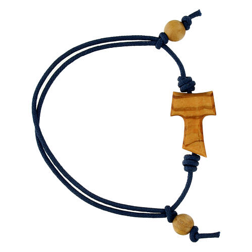 Bracciale corda blu regolabile Carlo Acutis croce tau grani legno ulivo 2