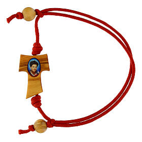 Adjustable red rope bracelet of Carlo Acutis, olivewood tau cross and beads