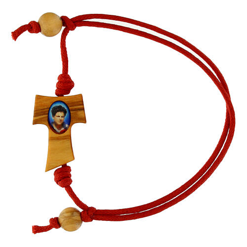 Adjustable red rope bracelet of Carlo Acutis, olivewood tau cross and beads 1