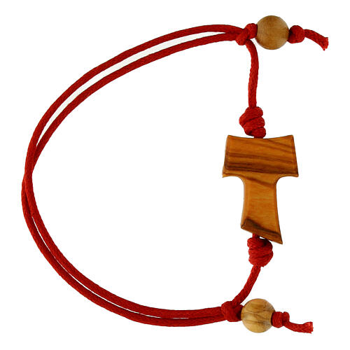 Bracciale corda rossa regolabile Carlo Acutis croce tau grani legno ulivo 2
