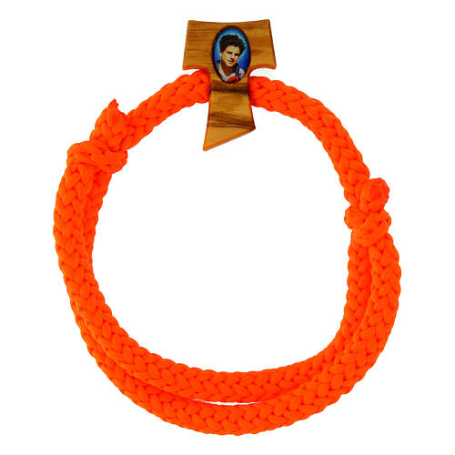 Carlo Acutis Orange Cord Bracelet with Olive Wood Tau 1