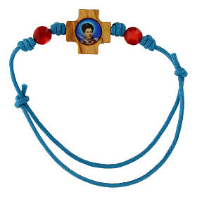 Light blue rope bracelet with cross and red beads, Carlo Acutis' image