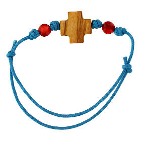 Light blue rope bracelet with cross and red beads, Carlo Acutis' image