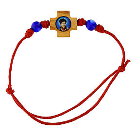 Light red rope bracelet with cross and blue beads, Carlo Acutis' image