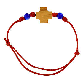 Light red rope bracelet with cross and blue beads, Carlo Acutis' image