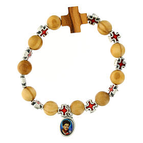 Elastic single decade rosary bracelet, olivewood beads and cross, medal of Carlo Acutis