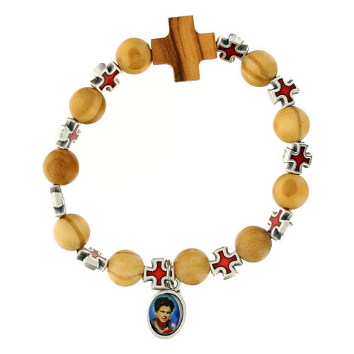 Elastic single decade rosary bracelet, olivewood beads and cross, medal of Carlo Acutis 1