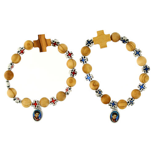 Elastic single decade rosary bracelet, olivewood beads and cross, medal of Carlo Acutis 2