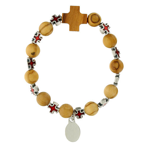 Elastic single decade rosary bracelet, olivewood beads and cross, medal of Carlo Acutis 3