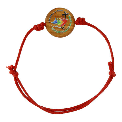 Adjustable red bracelet with Jubilee 2025 official logo, olivewood medal of 0.8 in 1