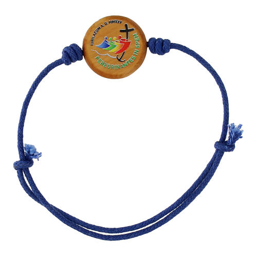 Adjustable blue bracelet with Jubilee 2025 official logo, olivewood medal of 0.8 in 1