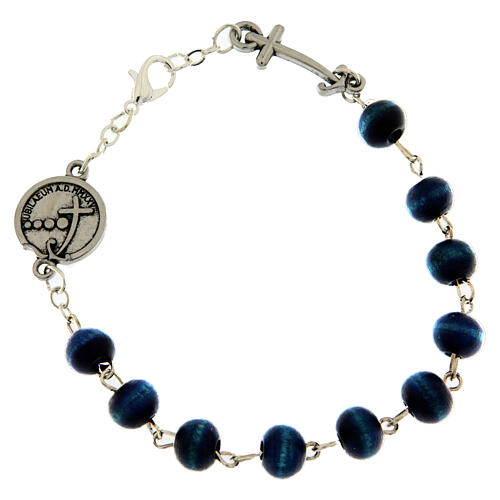 Bracciale grani legno blu medaglia croce ancora argentati Giubileo Endless 1