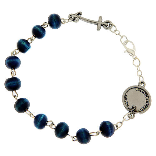Bracciale grani legno blu medaglia croce ancora argentati Giubileo Endless 3
