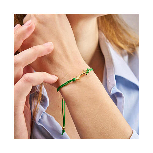 Adjustable green bracelet by Endless, golden anchor-shaped cross 2