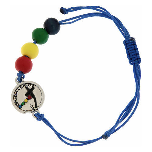Pulsera hilo azul granos coloreados madera logotipo Jubileo Endless 1