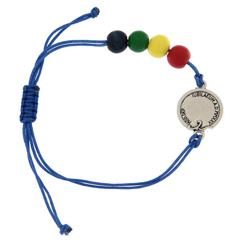 Pulsera hilo azul granos coloreados madera logotipo Jubileo Endless 3