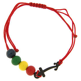 Endless red thread bracelet with colored wood beads and black anchor cross