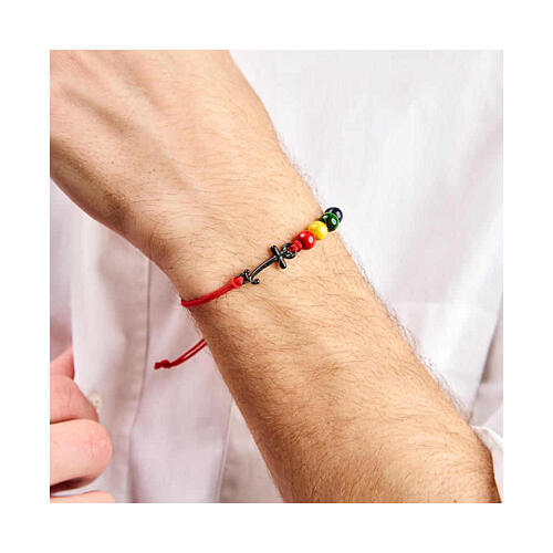 Endless red thread bracelet with colored wood beads and black anchor cross 2