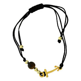 Black rope bracelet with golden anchor-shaped cross, tiger's eye bead, Endless jewels