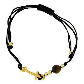 Black rope bracelet with golden anchor-shaped cross, tiger's eye bead, Endless jewels