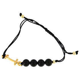 Rope bracelet with golden anchor-shaped cross and onyx beads by Endless