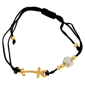 Adjustable bracelet with golden anchor-shaped cross, strass ball and golden beads, Jubilee jewel by Endless