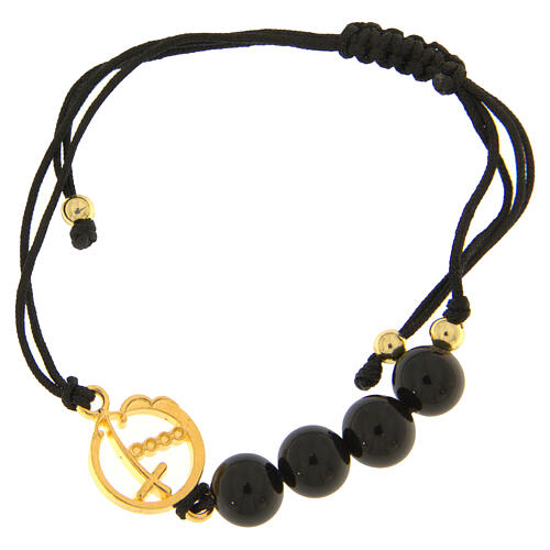 Armband aus schwarzem Band mit goldenem Jubiläumslogo und Onyxperlen Endless 1