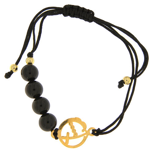 Armband aus schwarzem Band mit goldenem Jubiläumslogo und Onyxperlen Endless 2