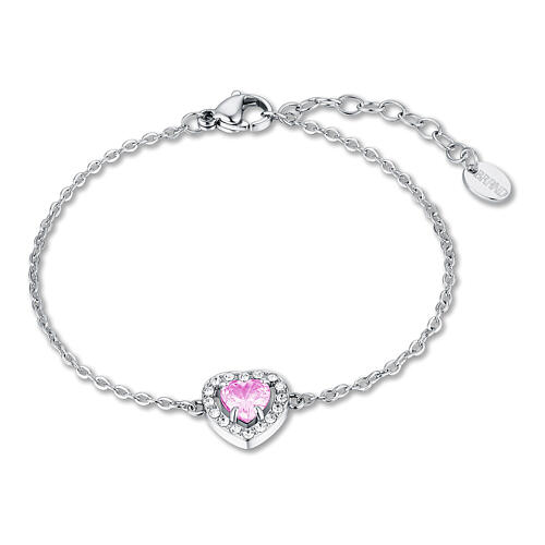 Adjustable stainless steel bracelet with pink heart and zircons 1