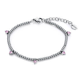 Armband, verstellbar, kleine Kugeln und hängende rosa Herzen, Edelstahl