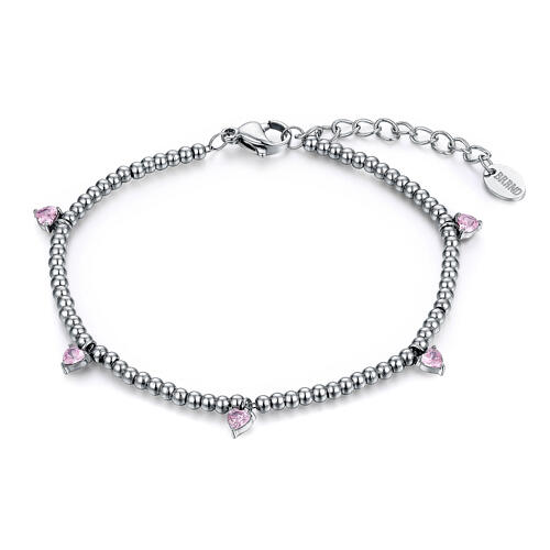 Armband, verstellbar, kleine Kugeln und hängende rosa Herzen, Edelstahl 1