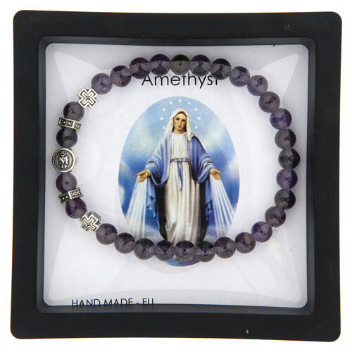 Armband, elastisch, Gottesmutter von der Wunderbaren Medaille, Amethyst-Perlen 6 mm 3