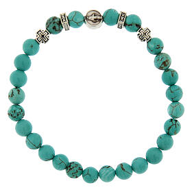 Elastic Rosary Bracelet with Miraculous Mary Turquoise, 6mm