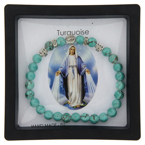 Elastic Rosary Bracelet with Miraculous Mary Turquoise, 6mm 3