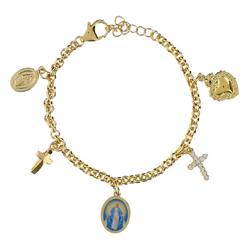 Pulsera de latón dorado con zircones blancos Virgen Milagrosa 1