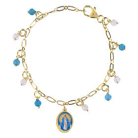 Pulsera de latón dorado con angelita celeste y jade blanco Virgen Milagrosa Amen