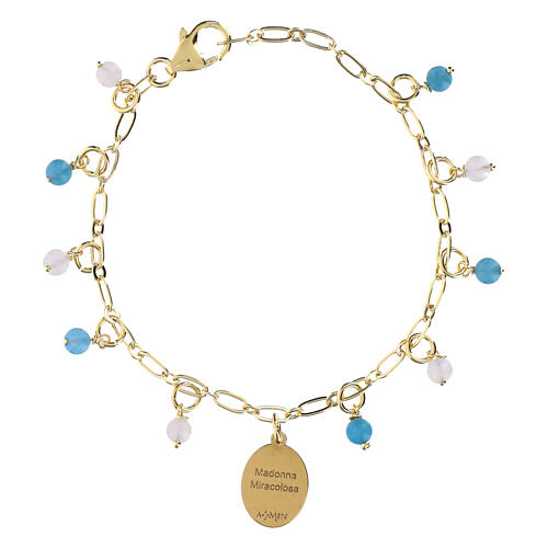 Pulsera de latón dorado con angelita celeste y jade blanco Virgen Milagrosa Amen 2