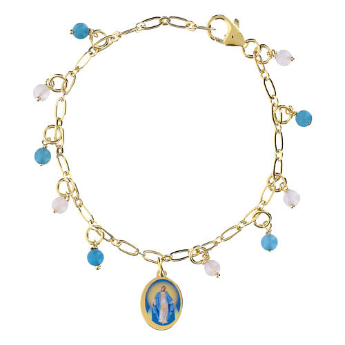 Pulsera de latón dorado con angelita celeste y jade blanco Virgen Milagrosa Amen 1