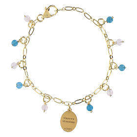 Bracciale in ottone dorato con angelite celeste e giada bianca Madonna Miracolosa Amen