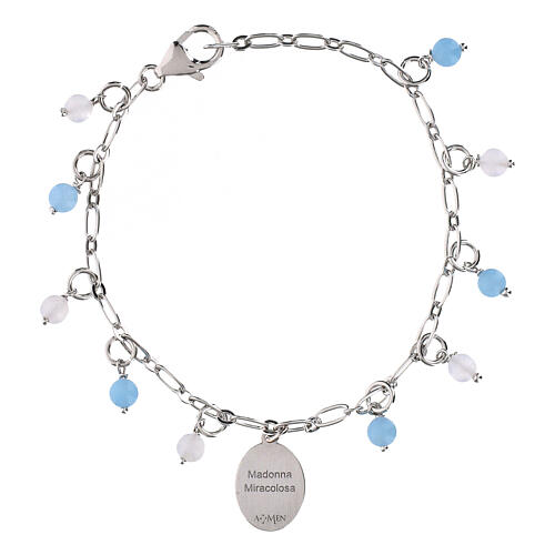 Bracelet Amen avec angélite bleu ciel et jade blanche Vierge Miraculeuse en laiton rhodié 3