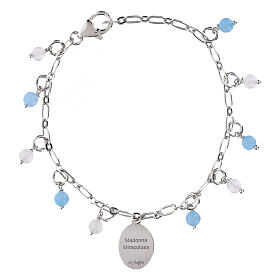 Bracciale Amen con angelite celeste e giada bianca Madonna Miracolosa in ottone rodiato