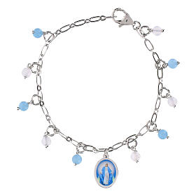Bracciale Amen con angelite celeste e giada bianca Madonna Miracolosa in ottone rodiato
