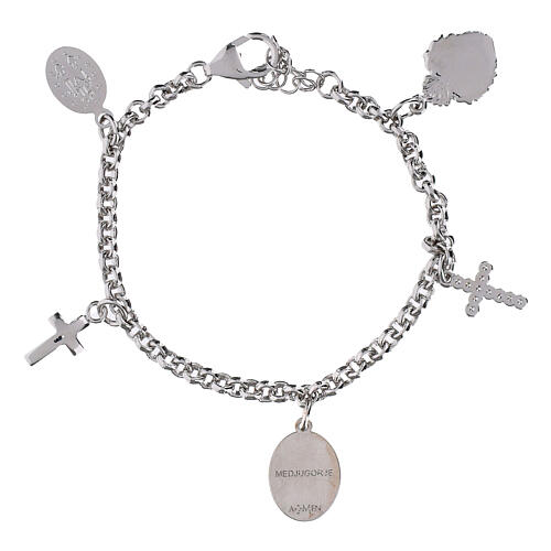 Armband, AMEN, rhodiniertes Messing, mit Darstellung der Gottesmutter von Medjugorje, Kreuz- und Heiligstes Herz-Anhängern sowie weißen Zirkonia 3